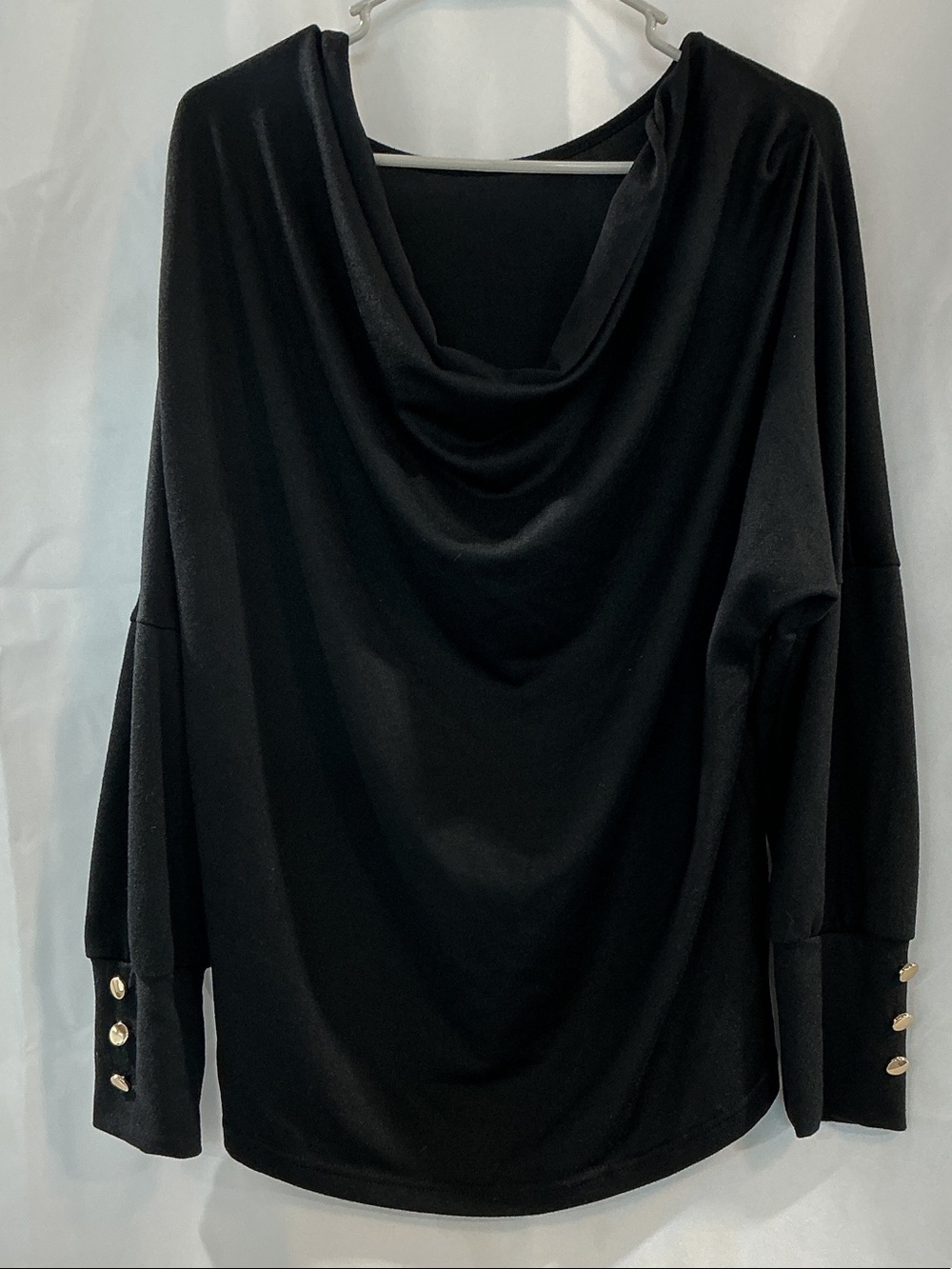 SHEIN Black Draped Cowl Neck Sweater with Gold Button Cuffs
